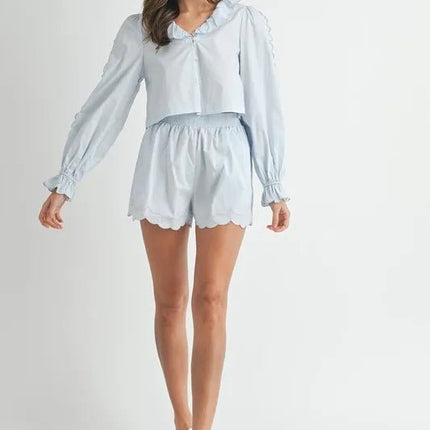 MABLE Long Sleeve Scallop Blouse and Shorts Set - MimiStylez