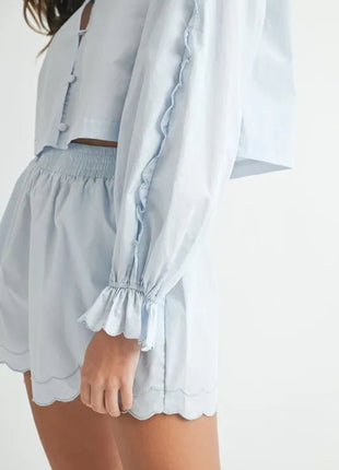 MABLE Long Sleeve Scallop Blouse and Shorts Set - MimiStylez