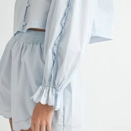MABLE Long Sleeve Scallop Blouse and Shorts Set - MimiStylez