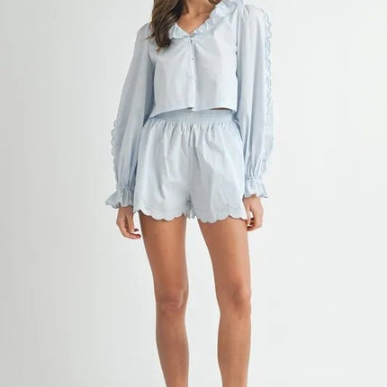 MABLE Long Sleeve Scallop Blouse and Shorts Set - MimiStylez