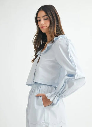 MABLE Long Sleeve Scallop Blouse and Shorts Set - MimiStylez