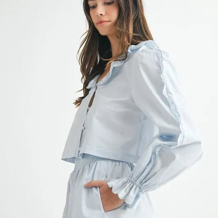 MABLE Long Sleeve Scallop Blouse and Shorts Set - MimiStylez