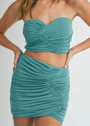 MABLE Ruched Tube Crop Top and Skirt Set - MimiStylez