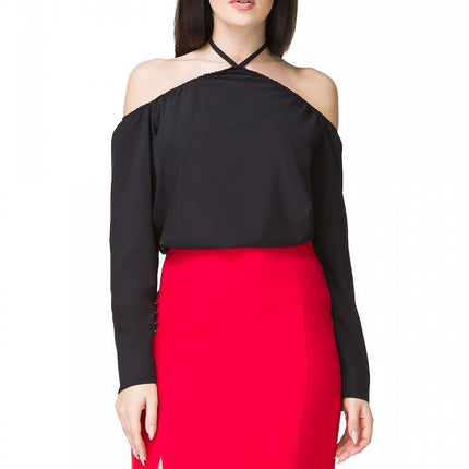 Off - Shoulder Blouse with Neck Tie & 3/4 Sleeves - MimiStylez