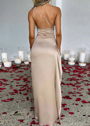 One Shoulder Satin Dress with High Slit - MimiStylez