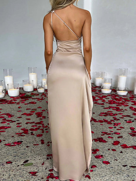 One Shoulder Satin Dress with High Slit - MimiStylez
