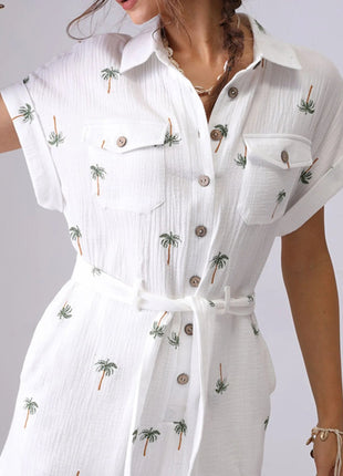 Palm Tree Print Short Sleeve Button - Up Romper with Belt - MimiStylez