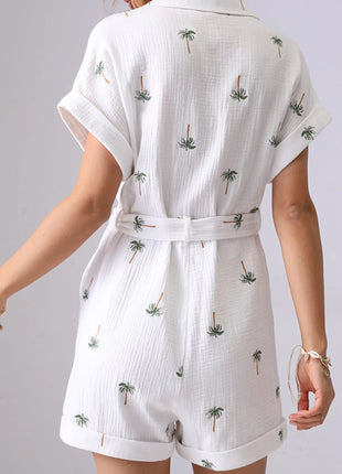 Palm Tree Print Short Sleeve Button - Up Romper with Belt - MimiStylez