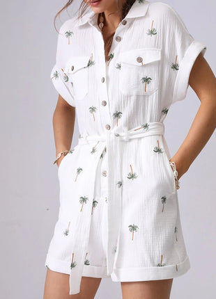 Palm Tree Print Short Sleeve Button - Up Romper with Belt - MimiStylez