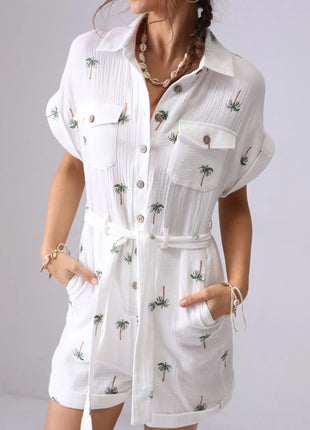 Palm Tree Print Short Sleeve Button - Up Romper with Belt - MimiStylez