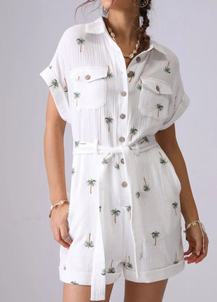 Palm Tree Print Short Sleeve Button - Up Romper with Belt - MimiStylez