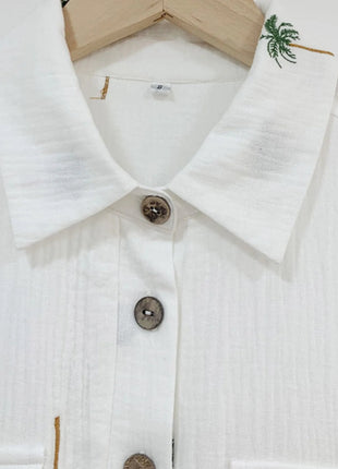 Palm Tree Print Short Sleeve Button - Up Romper with Belt - MimiStylez