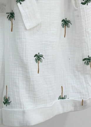 Palm Tree Print Short Sleeve Button - Up Romper with Belt - MimiStylez