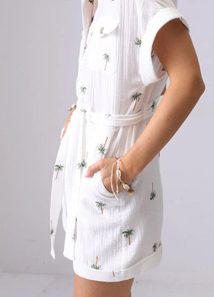 Palm Tree Print Short Sleeve Button - Up Romper with Belt - MimiStylez