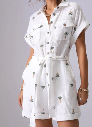Palm Tree Print Short Sleeve Button - Up Romper with Belt - MimiStylez