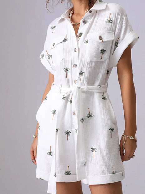 Palm Tree Print Short Sleeve Button - Up Romper with Belt - MimiStylez