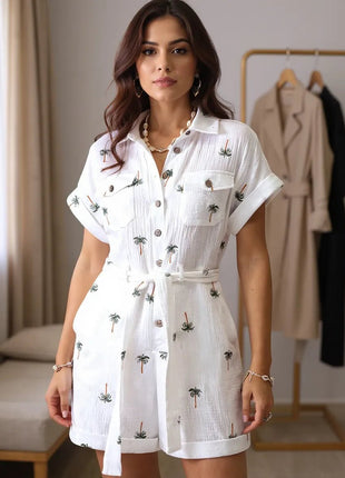 Palm Tree Print Short Sleeve Button - Up Romper with Belt - MimiStylez