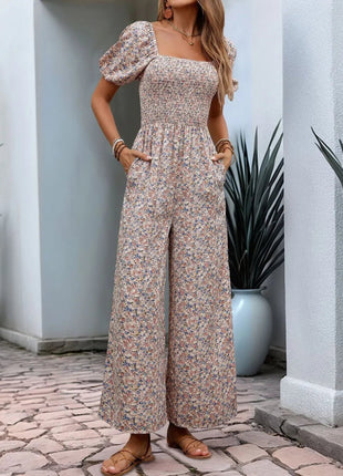 Perfee Ditsy Floral Smocked Square Neck Puff Sleeve Jumpsuit - MimiStylez