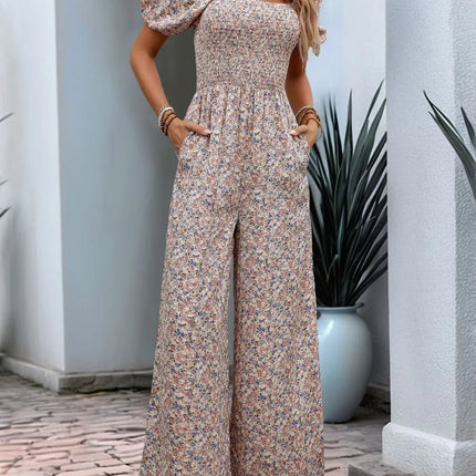 Perfee Ditsy Floral Smocked Square Neck Puff Sleeve Jumpsuit - MimiStylez