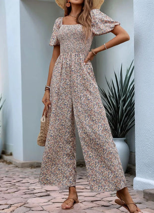 Perfee Ditsy Floral Smocked Square Neck Puff Sleeve Jumpsuit - MimiStylez