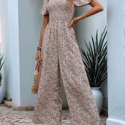 Perfee Ditsy Floral Smocked Square Neck Puff Sleeve Jumpsuit - MimiStylez