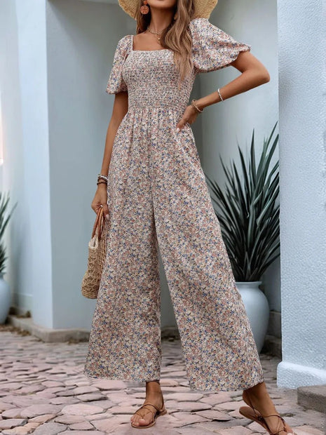 Perfee Ditsy Floral Smocked Square Neck Puff Sleeve Jumpsuit - MimiStylez