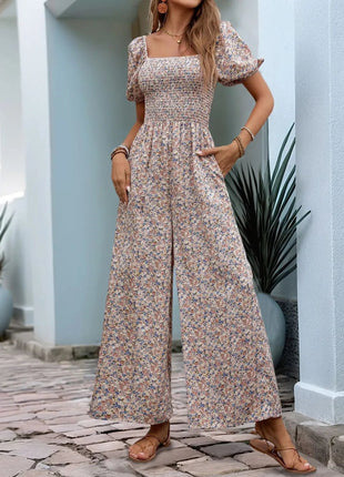 Perfee Ditsy Floral Smocked Square Neck Puff Sleeve Jumpsuit - MimiStylez