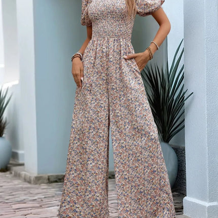 Perfee Ditsy Floral Smocked Square Neck Puff Sleeve Jumpsuit - MimiStylez