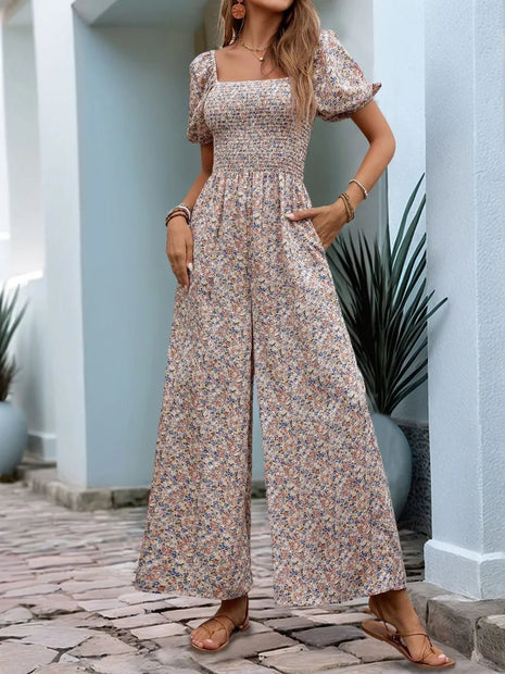 Perfee Ditsy Floral Smocked Square Neck Puff Sleeve Jumpsuit - MimiStylez