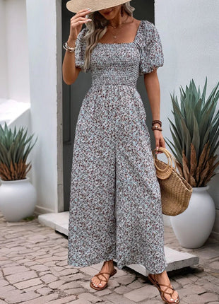 Perfee Ditsy Floral Smocked Square Neck Puff Sleeve Jumpsuit - MimiStylez