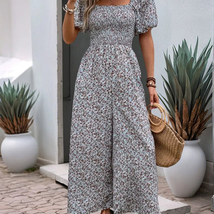 Perfee Ditsy Floral Smocked Square Neck Puff Sleeve Jumpsuit - MimiStylez