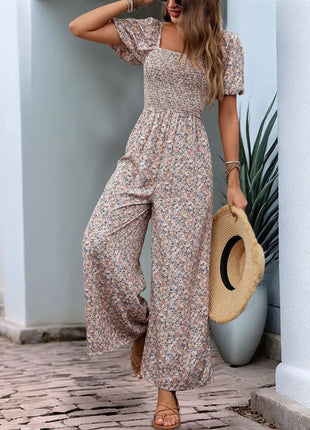 Perfee Ditsy Floral Smocked Square Neck Puff Sleeve Jumpsuit - MimiStylez