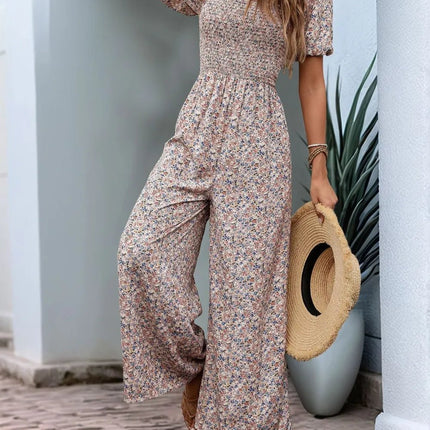 Perfee Ditsy Floral Smocked Square Neck Puff Sleeve Jumpsuit - MimiStylez