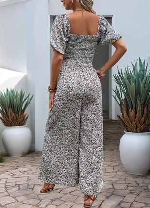 Perfee Ditsy Floral Smocked Square Neck Puff Sleeve Jumpsuit - MimiStylez