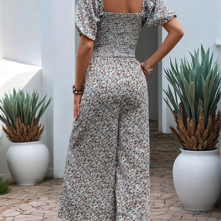 Perfee Ditsy Floral Smocked Square Neck Puff Sleeve Jumpsuit - MimiStylez