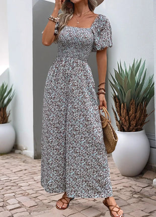 Perfee Ditsy Floral Smocked Square Neck Puff Sleeve Jumpsuit - MimiStylez