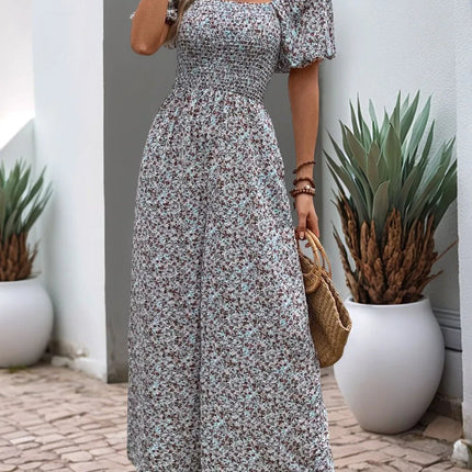 Perfee Ditsy Floral Smocked Square Neck Puff Sleeve Jumpsuit - MimiStylez