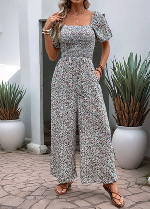 Perfee Ditsy Floral Smocked Square Neck Puff Sleeve Jumpsuit - MimiStylez
