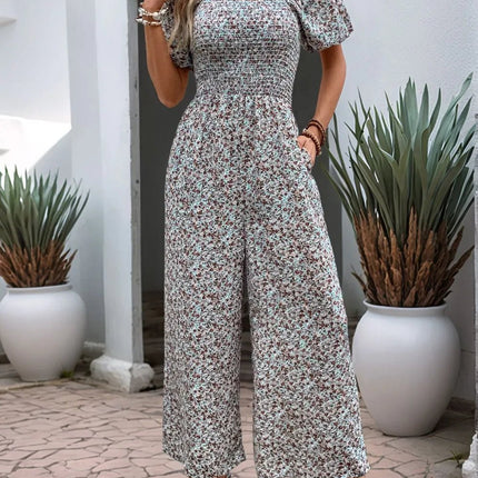 Perfee Ditsy Floral Smocked Square Neck Puff Sleeve Jumpsuit - MimiStylez