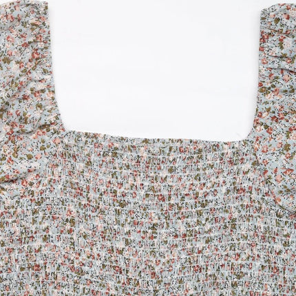 Perfee Ditsy Floral Smocked Square Neck Puff Sleeve Jumpsuit - MimiStylez