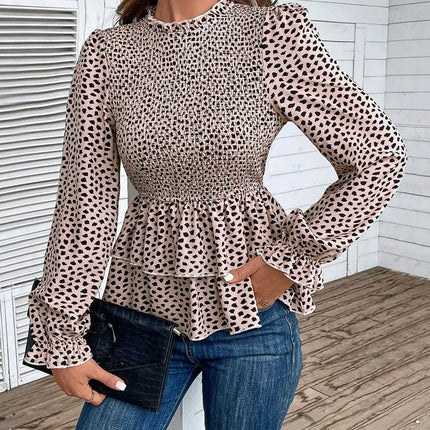 Perfee Printed Round Neck Smocked Flounce Sleeve T-Shirt - MimiStylez