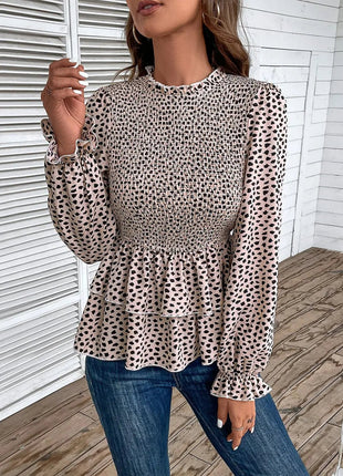 Perfee Printed Round Neck Smocked Flounce Sleeve T-Shirt - MimiStylez