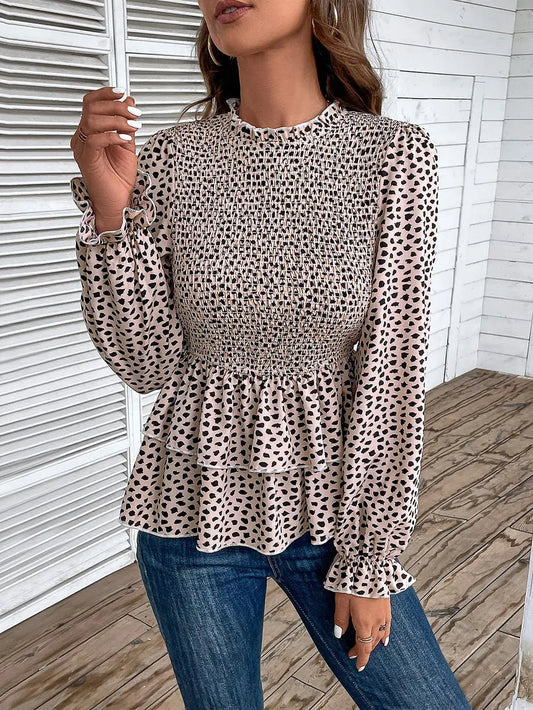 Perfee Printed Round Neck Smocked Flounce Sleeve T-Shirt - MimiStylez
