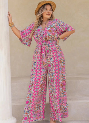 Plus Size Printed Half Sleeve Wide Leg Jumpsuit - MimiStylez