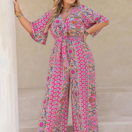 Plus Size Printed Half Sleeve Wide Leg Jumpsuit - MimiStylez