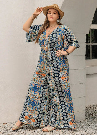 Plus Size Printed Half Sleeve Wide Leg Jumpsuit - MimiStylez
