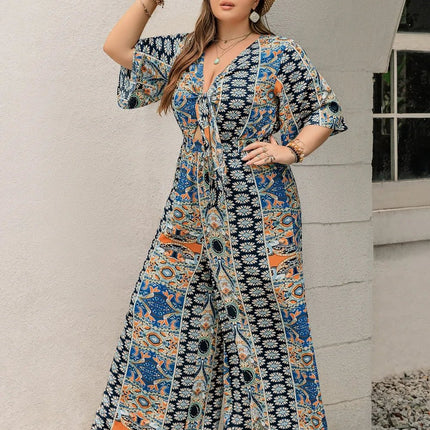 Plus Size Printed Half Sleeve Wide Leg Jumpsuit - MimiStylez