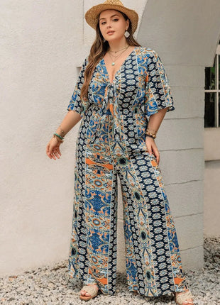 Plus Size Printed Half Sleeve Wide Leg Jumpsuit - MimiStylez