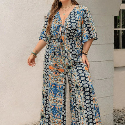 Plus Size Printed Half Sleeve Wide Leg Jumpsuit - MimiStylez