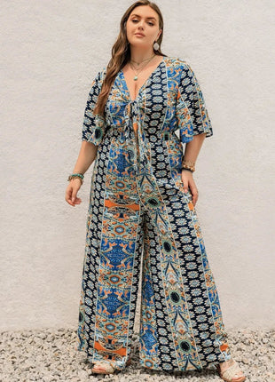 Plus Size Printed Half Sleeve Wide Leg Jumpsuit - MimiStylez